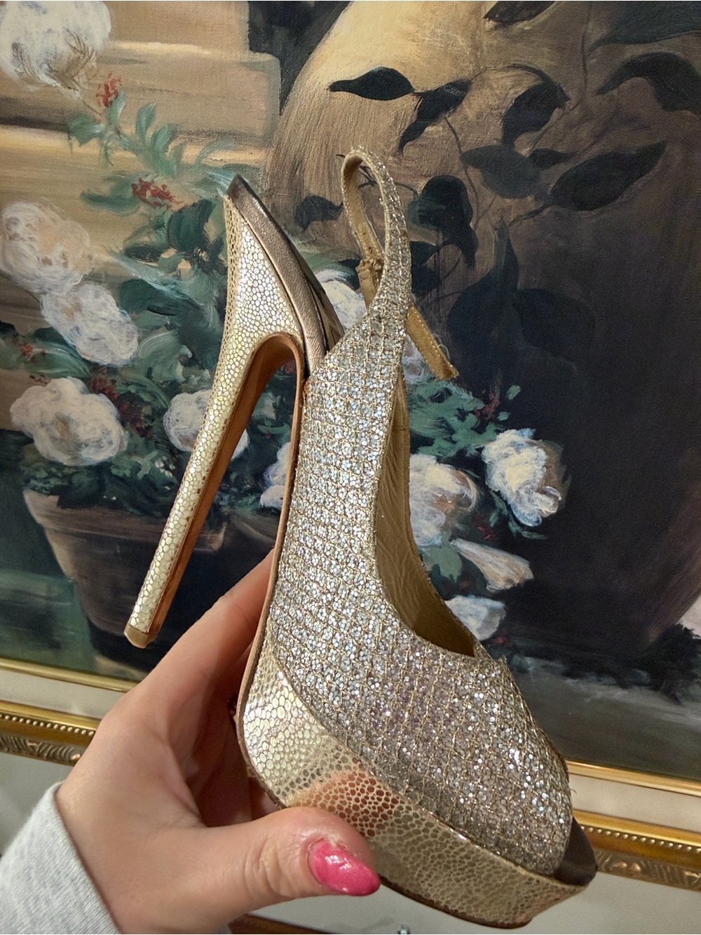 Jimmy Choo Clue Champagne Glitter Platform Heels Slingback EU 38 US 8 Authentic - Picture 10 of 12